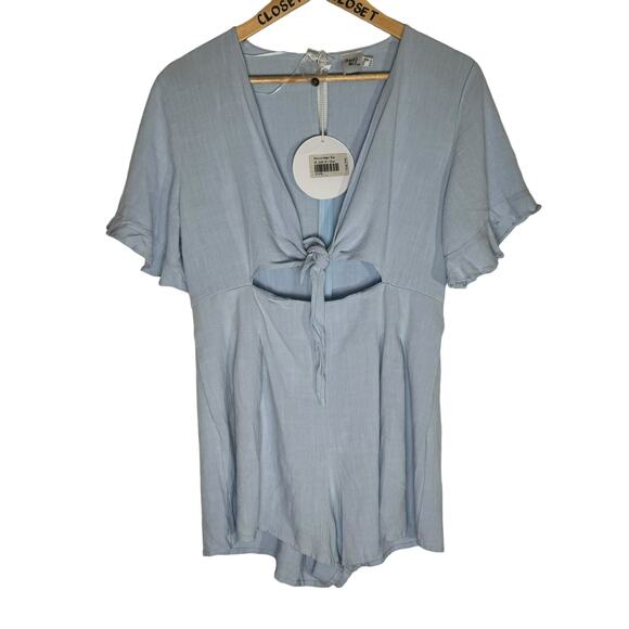 Princess Polly Patricia  Cotton/Linen Blue  Tie Front Romper Large 12 NWT - Picture 1 of 6